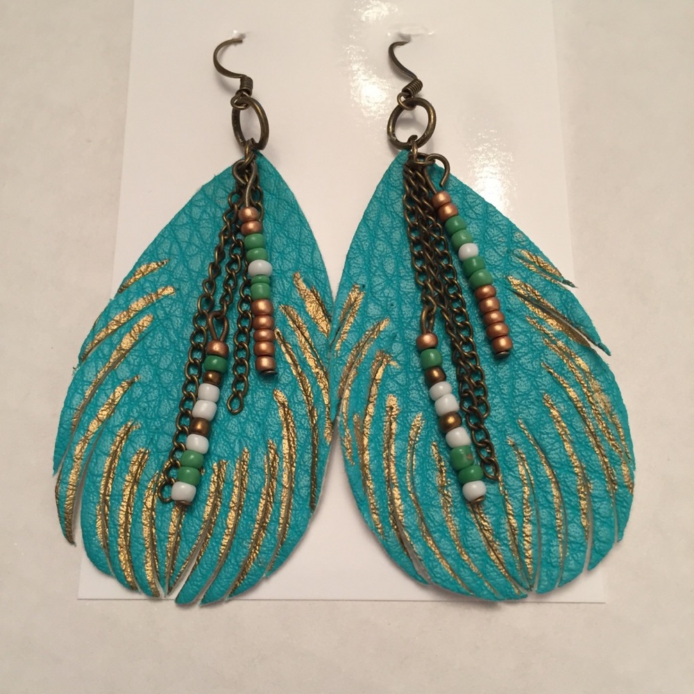 Handmade turquoise feather nickel-free earrings